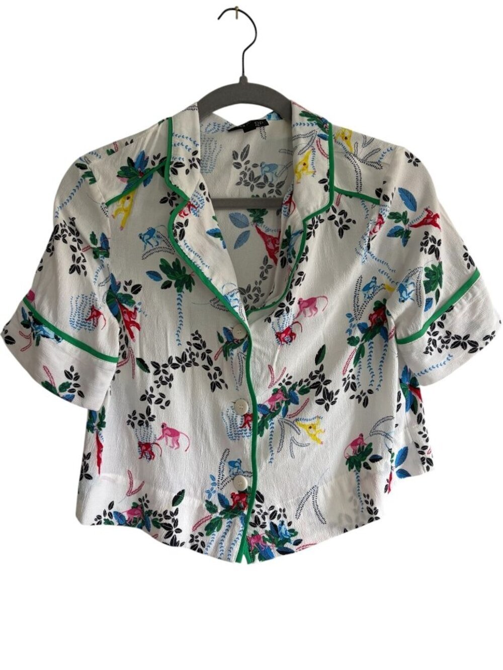 Topshop Women's Pink Monkey Jungle Print Button-Up Crop Shirt Size US 6